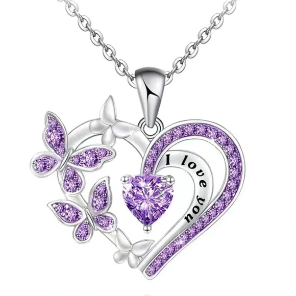 NEW "I Love You" Butterfly Pendant Necklace – Purple & Silver - Picture 3 of 5
